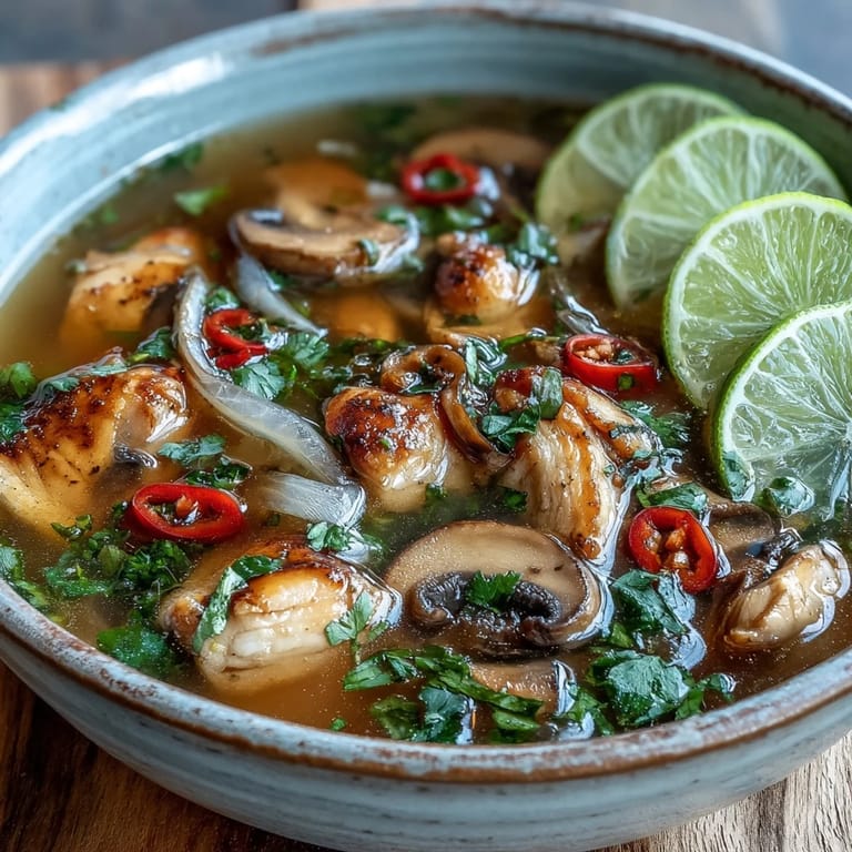 Close-up photo of Tom Yum Gai highlighting the glistening red chili paste broth, fresh herbs, and sliced chicken and mushrooms ready to be enjoyed.