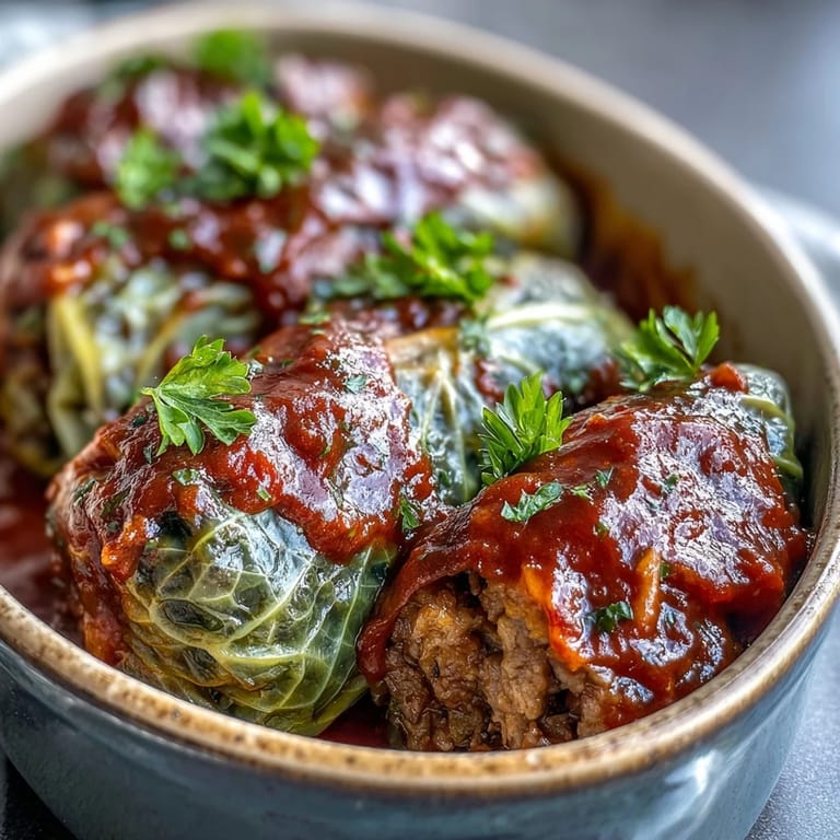 Golden Cabbage Rolls on a platter, garnished with parsley and ready to serve with a spoonful of sour cream.