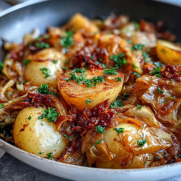 A hearty skillet of braised cabbage with potatoes and chili, garnished with fresh parsley and lemon.