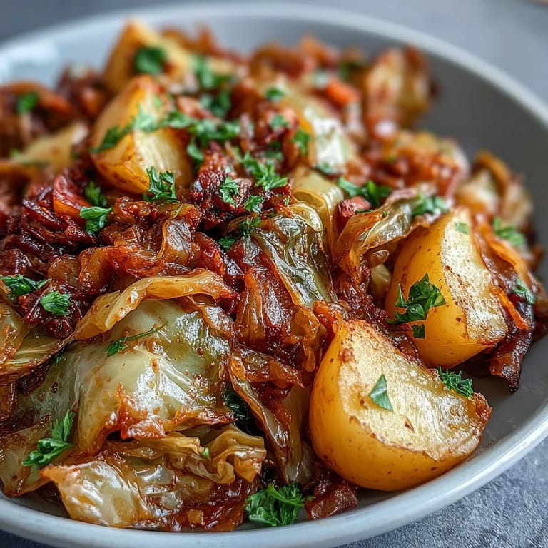Steamy bowl of braised cabbage with potatoes and chili, served beside warm crusty bread for dipping.