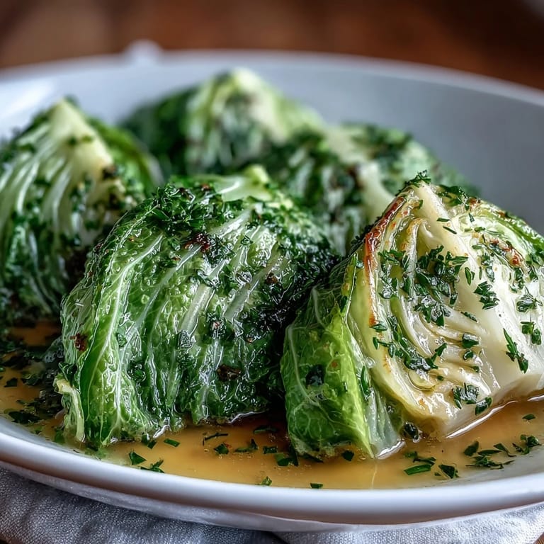 Tender cabbage wedges simmered in creamy parmesan broth, infused with thyme and parsley, ready to enjoy with crusty bread.