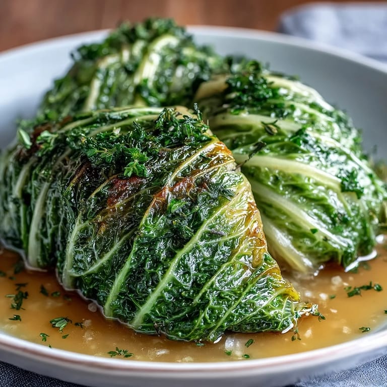 A steaming pot of Herby Cabbage in Parmesan Broth, showing golden melted cheese and fresh chives for a comforting vegetarian side.