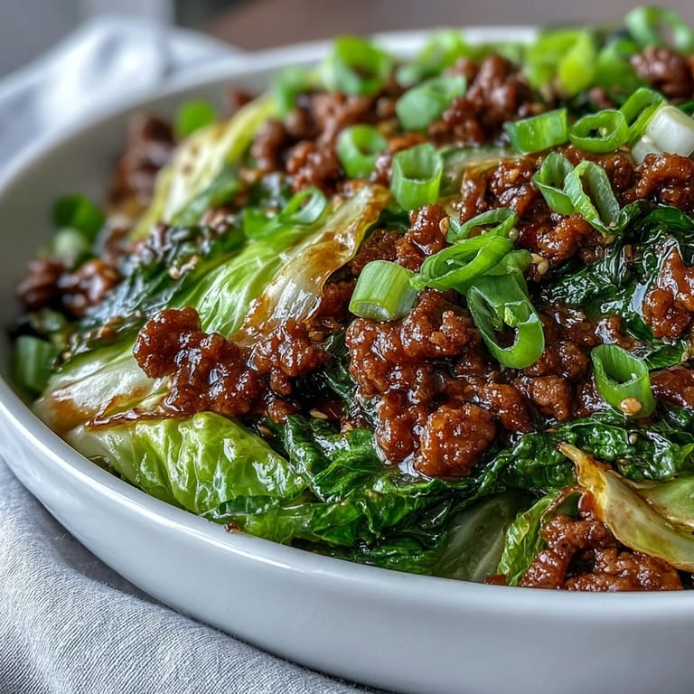 A close-up of Chinese Ground Beef and Cabbage Stir-Fry, featuring saucy beef crumbles and vibrant green cabbage. 