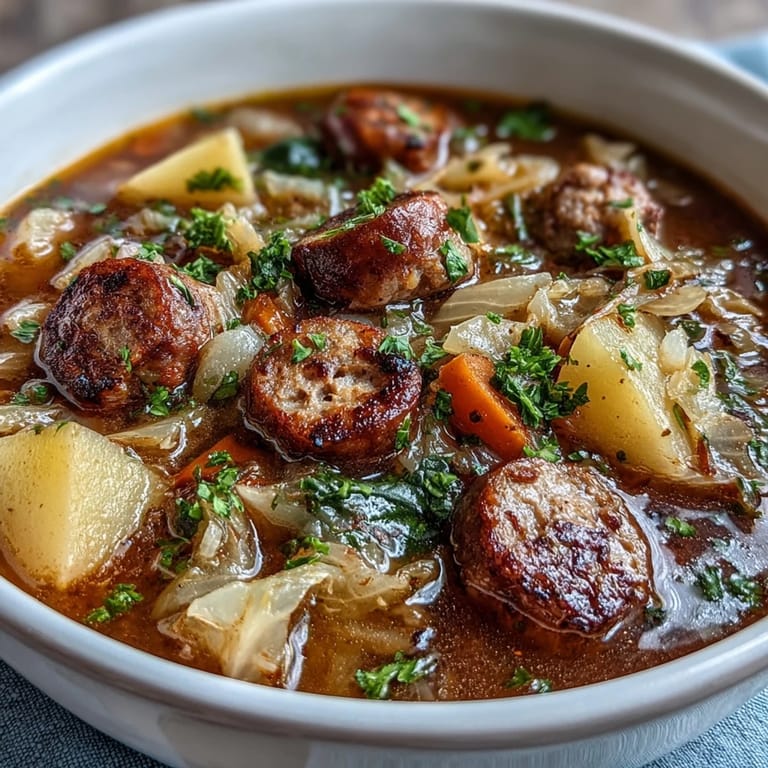 A close-up of a steaming bowl of Sausage, Potato and Cabbage Soup, garnished with fresh parsley and a dollop of sour cream.