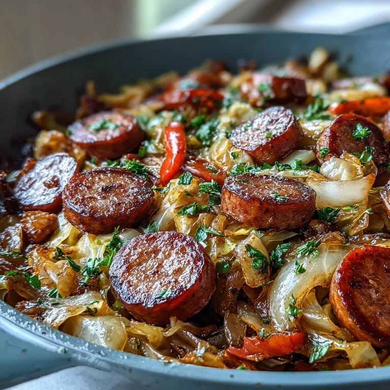 Close up of Smothered Cabbage With Sausage Skillet showing caramelized vegetables and smoked paprika seasoning in a cast iron pan.