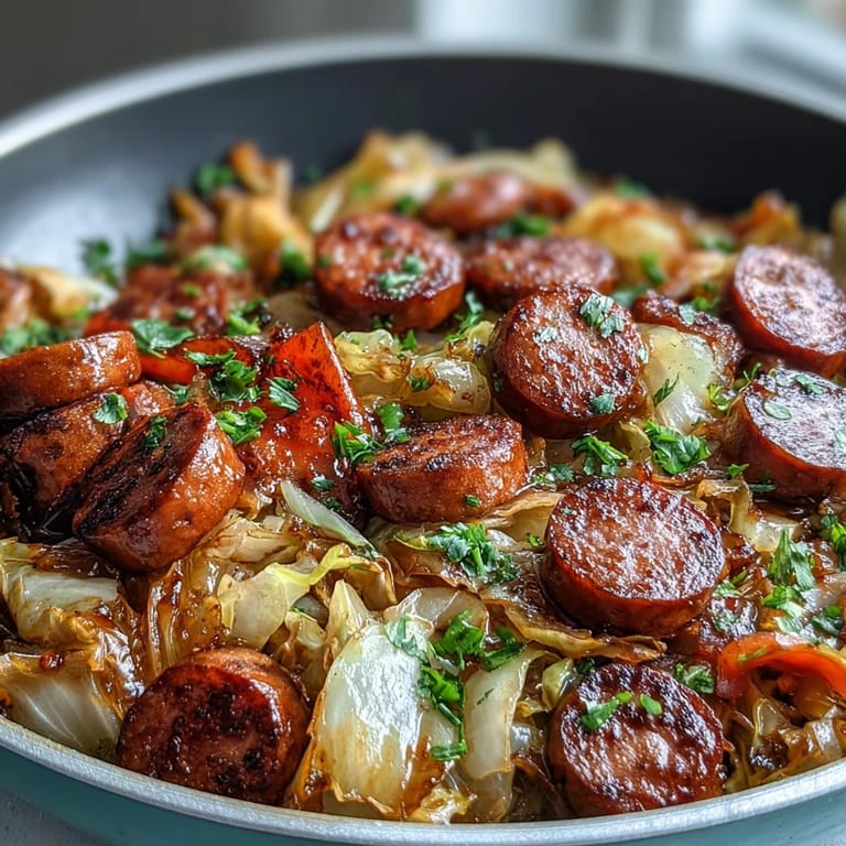 Golden brown kielbasa slices simmer with soft, sweet cabbage and onions in a savory Smothered Cabbage With Sausage Skillet.