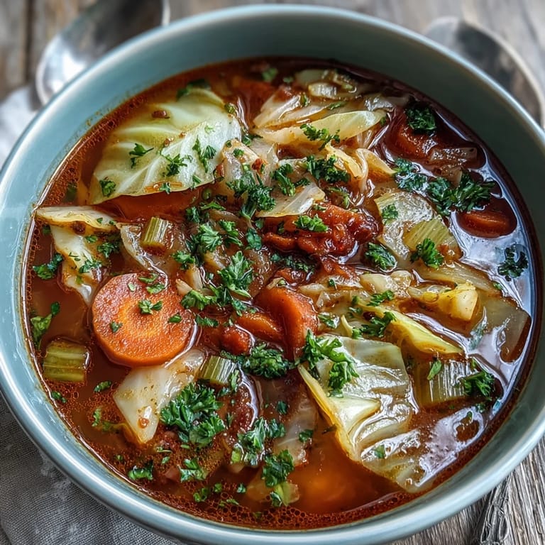 Classic Cabbage Soup simmering in a large pot on the stove, filled with colorful vegetables and tomato broth.