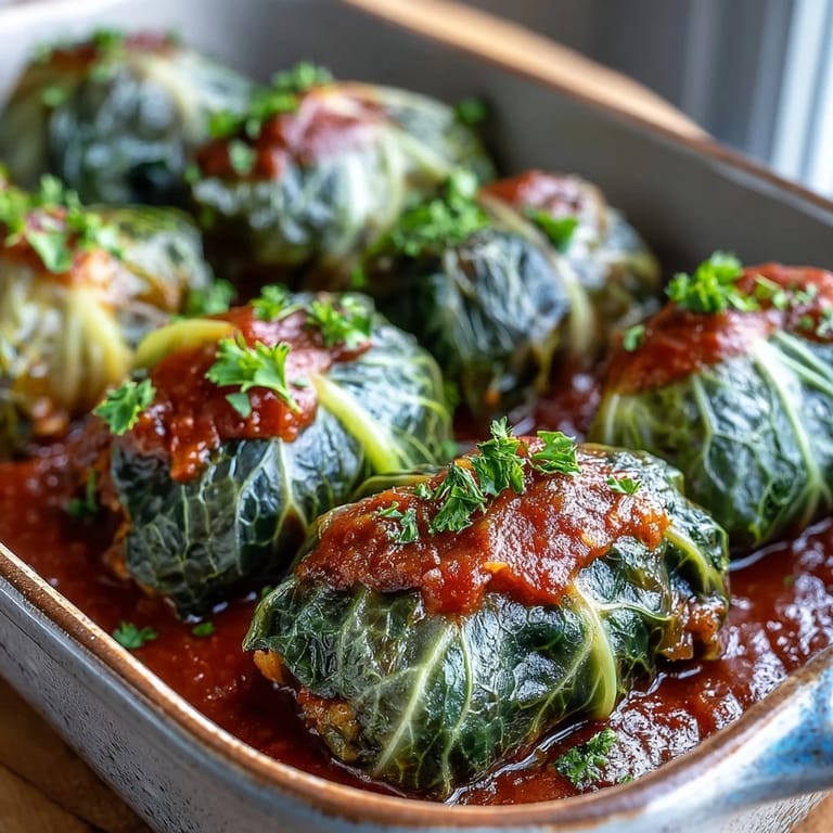 Golden-baked vegan cabbage rolls with hearty lentil filling, nestled in bubbling tomato sauce and served alongside crusty bread. 