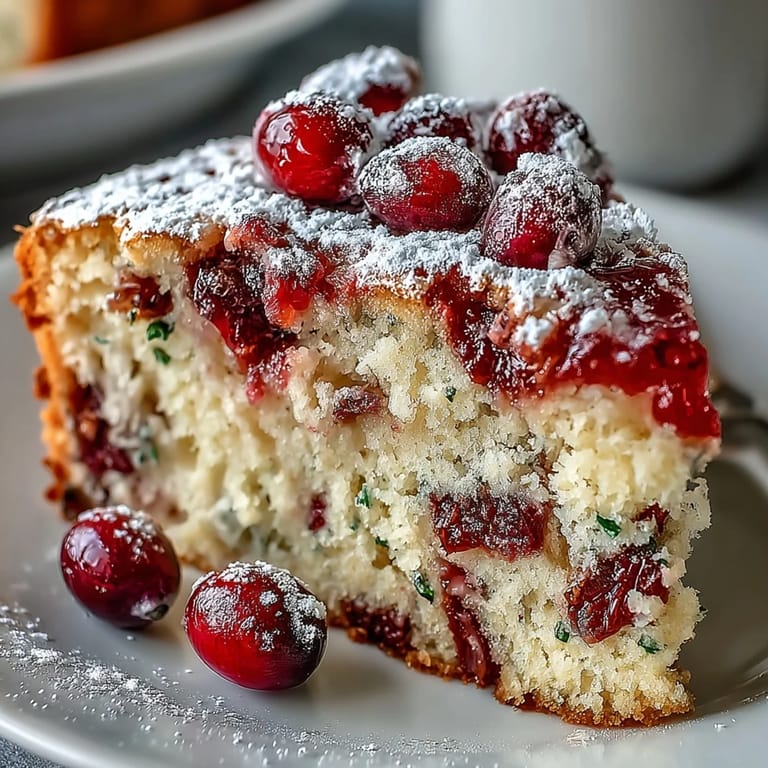 A close-up slice of Cranberry Orange Breakfast Cake reveals a tender crumb packed with vibrant orange zest and tart cranberry pieces.