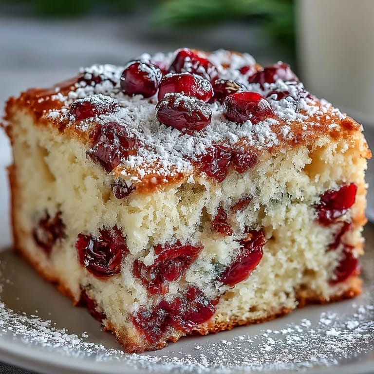A whole Cranberry Orange Breakfast Cake sits beside a glass of orange juice and fresh cranberries on a sunny breakfast table.