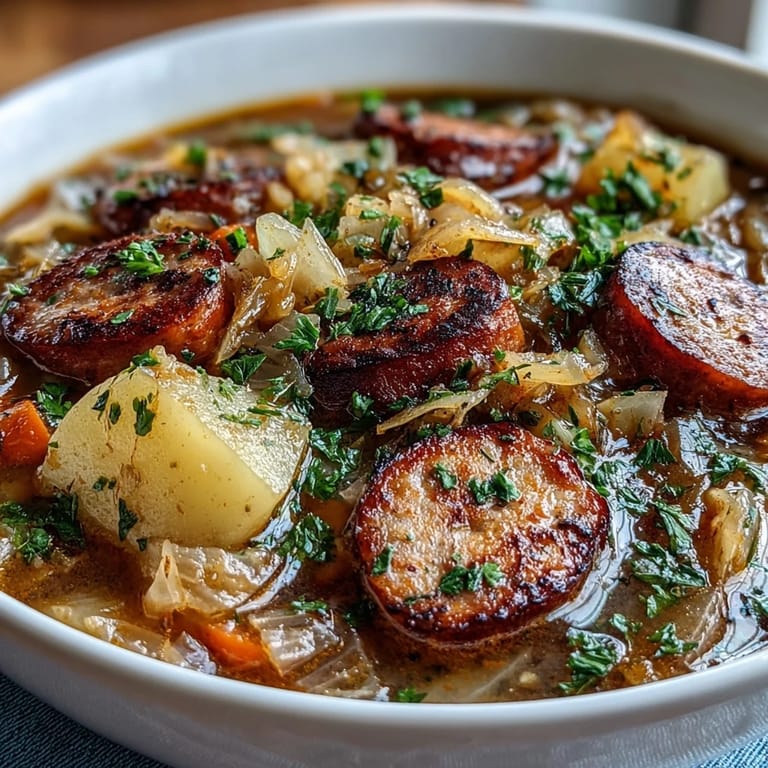 Rustic earthenware bowl filled with creamy Sausage, Potato and Cabbage Soup, featuring slices of browned sausage and tender vegetables.