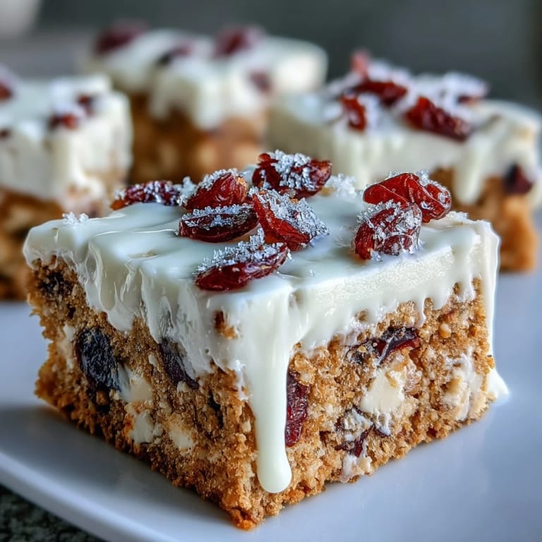 Frosted squares of Cranberry Bliss Bars topped with dried cranberries and white chocolate on a wooden board.