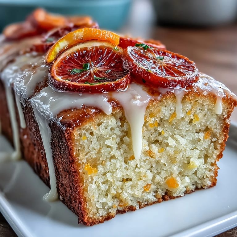 Heavenly Blood Orange Yogurt Cake drizzled with icing and blood orange slices on a rustic wooden table.