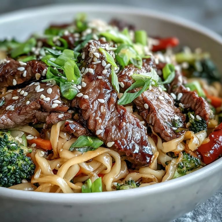 A close-up of a finished Korean Beef Noodles bowl with sesame seeds and green onions, ready for a family dinner.