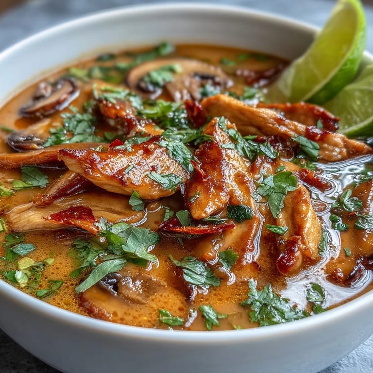 Tender chicken, mushrooms, and bright carrots swim in creamy coconut red curry broth for a comforting Thai-inspired dinner.