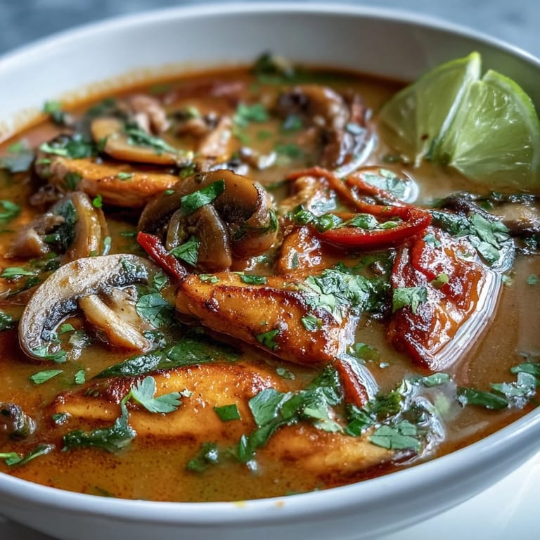Vibrant Thai Coconut Curry Soup Bowl with spinach, sliced red bell pepper, and spring onions, ready to be served.