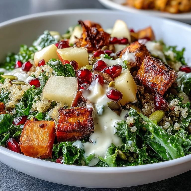 Freshly massaged kale in a hearty Kale Harvest Grain Bowl with pomegranate seeds.