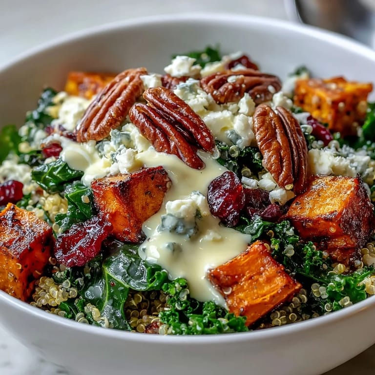 Overhead view of a healthy Harvest Kale Quinoa Bowl drizzled with creamy lemon tahini dressing and garnished with dried cranberries. 