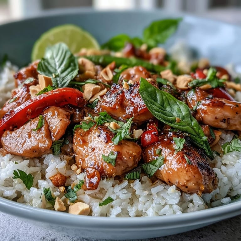 A steaming Thai Chicken Coconut Bowl featuring tender chicken thighs, aromatic ginger and garlic, colorful vegetables, and a drizzle of lime over coconut rice.