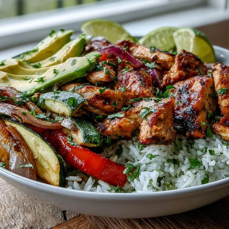 Sheet pan fajita bowl with roasted chicken, vibrant bell peppers, and onions over fluffy cauliflower rice for a healthy dinner.