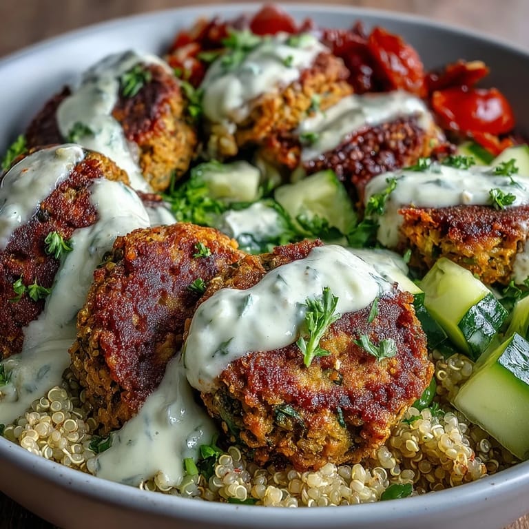 A wholesome Middle Eastern-inspired Falafel Quinoa Salad Bowl features golden falafel, fresh herbs, and a tangy tahini dressing.