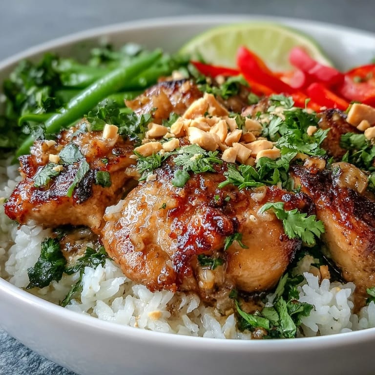 Spicy and sweet Thai Chicken Coconut Bowl served with blanched snap peas, julienned carrots, and a garnish of cilantro, Thai basil, and lime.