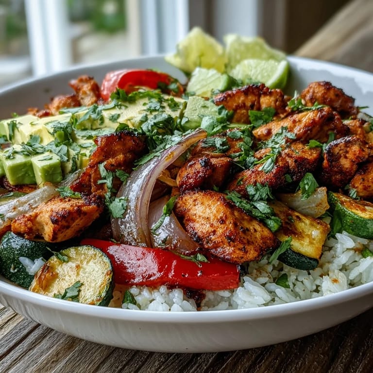 Golden roasted chicken strips and colorful vegetables sizzling in fajita spices fill this one-pan sheet pan fajita bowl.
