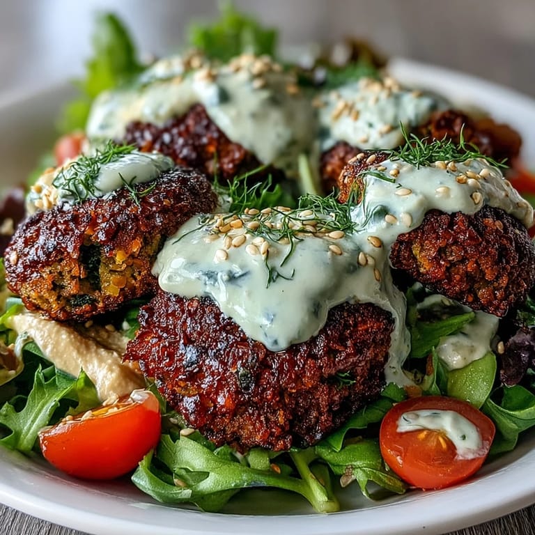 Falafel bowl with tahini-drizzled hummus, tangy tzatziki, and colorful salad greens, served with lemon wedges for a bright, vegetarian Mediterranean meal.