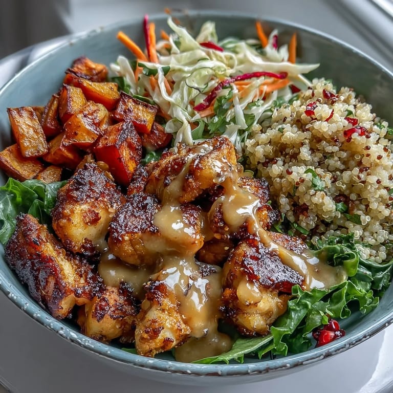 The Hot Honey Chicken Bowl features vibrant red cabbage slaw and tender sweet potatoes, with fresh herbs and lemon wedges placed alongside on a rustic table.