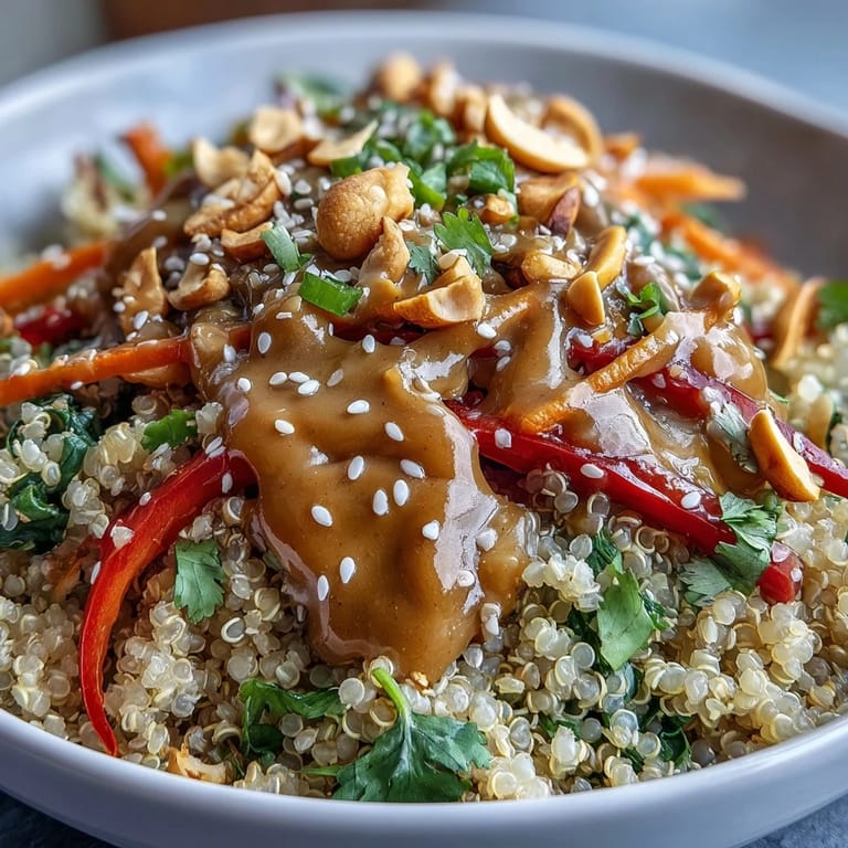 Thai Coconut Quinoa Bowl garnished with fresh cilantro and sesame seeds, served in a white ceramic bowl.
