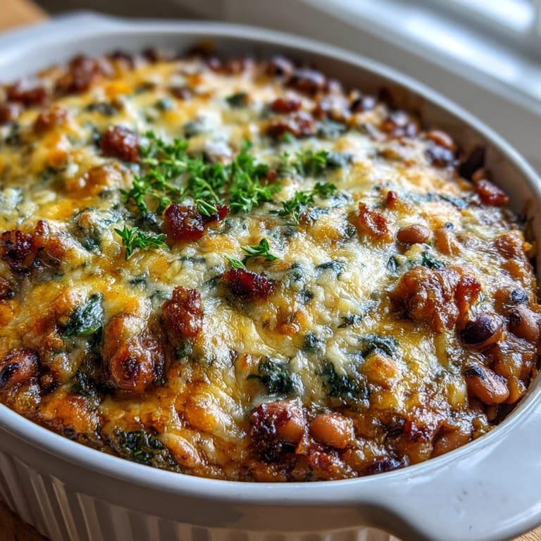 Steam rises from a hearty Tex Mex Black Eyed Pea Casserole, paired with cool sour cream and sliced avocado.