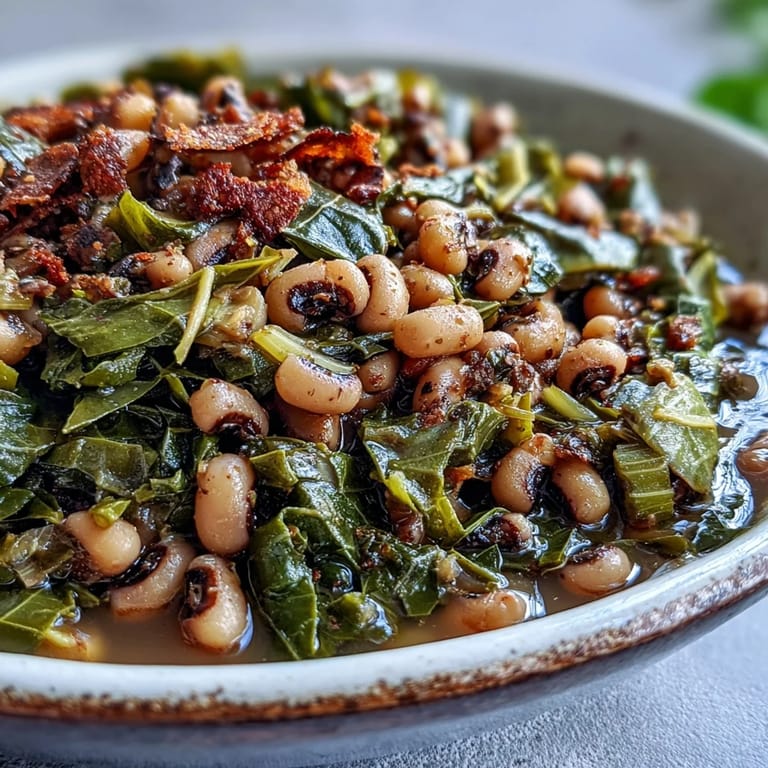 Fork-tender black-eyed peas and silky collard greens simmered with aromatics, ready to be served with hot sauce and cornbread.