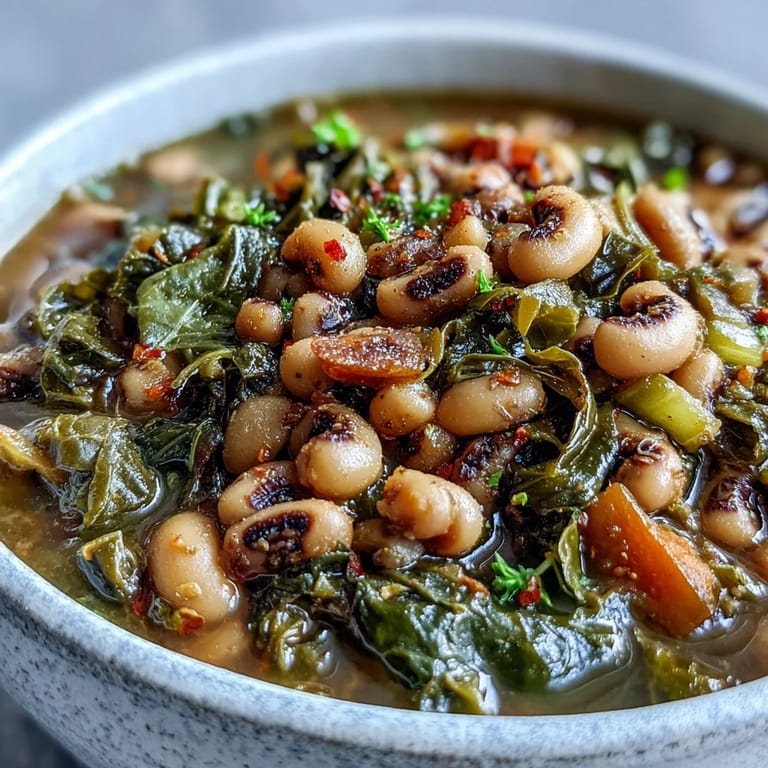 Steam rises from a hearty pot of Black-Eyed Peas With Collard Greens, a comforting vegetarian stew perfect for New Years.