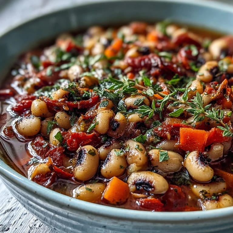 Hearty vegetarian stew in a ceramic bowl, featuring black-eyed peas, diced carrots, and bell peppers with a drizzle of olive oil.