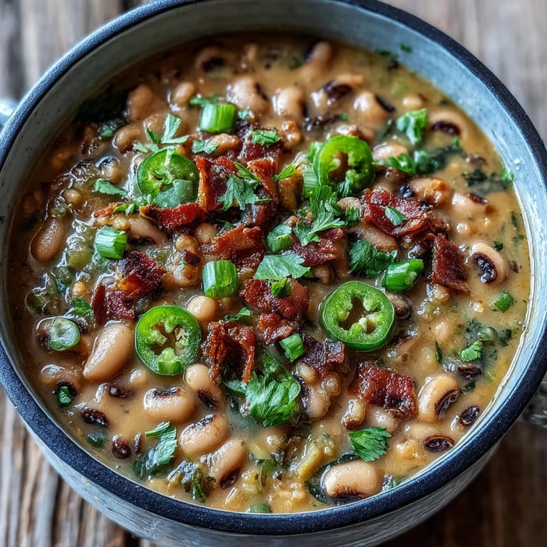 A hearty serving of Big Pot of Texas Black-Eyed Peas in a rustic bowl, topped with fresh cilantro and green onions, ready to enjoy with cornbread.