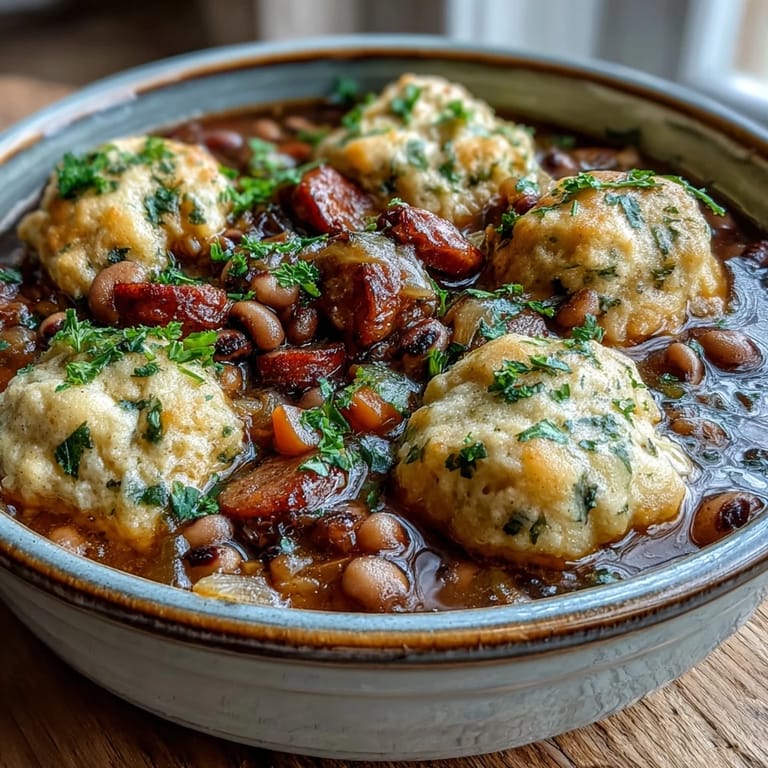 A hearty bowl of Black-Eyed Peas and Sausage Dumplings, filled with tender peas and smoked sausage, ready to be enjoyed with a green salad.