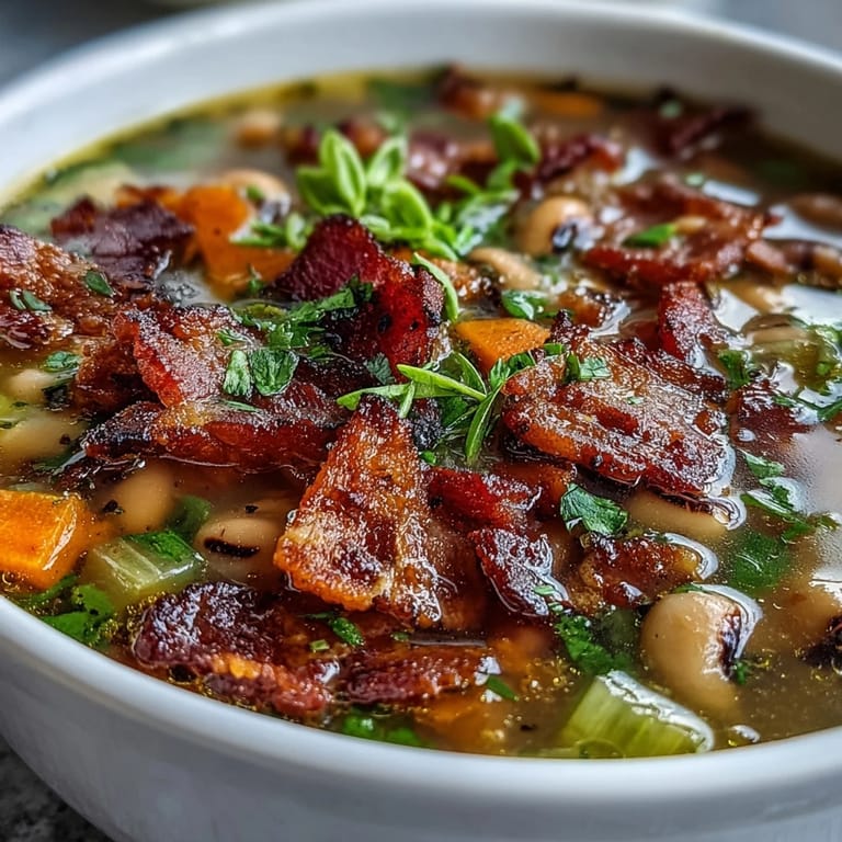 Close-up of Black-Eyed Peas and Bacon Soup showing crispy bacon bits and tender peas in a rich broth.
