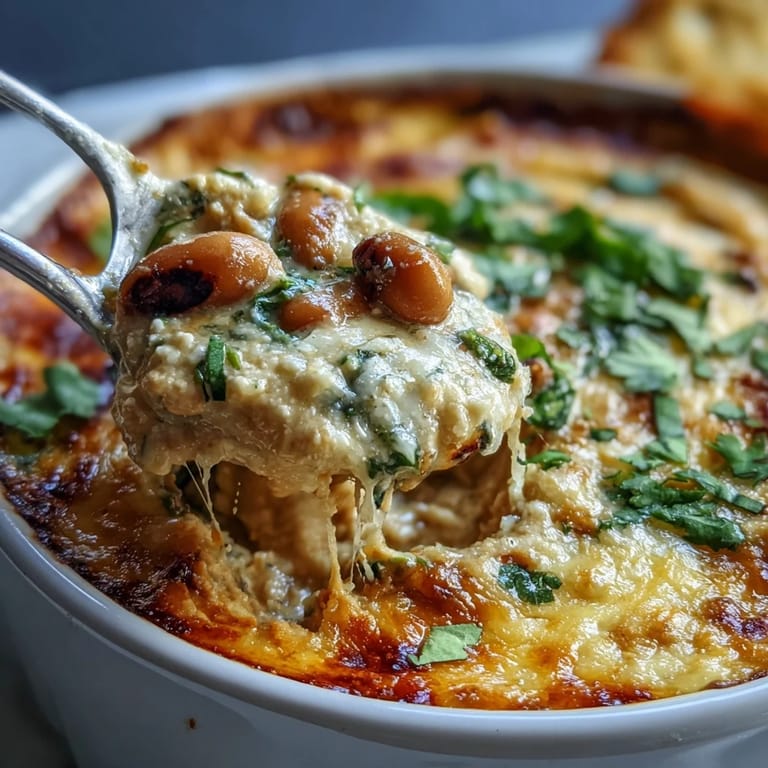 Top-down view of Hot Black-Eyed Pea Dip with Jalapeño and Cumin served in a cast-iron skillet, surrounded by crunchy chips and fresh veggie sticks.