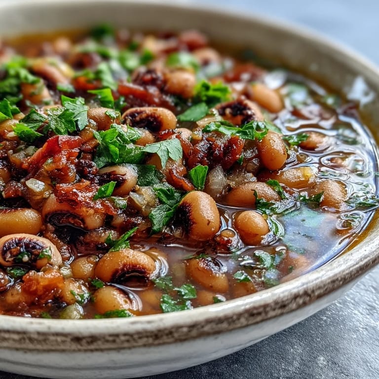Hearty Frozen Black-Eyed Peas Quick Version in a rustic bowl, featuring sautéed aromatics and a spoon ready to serve.