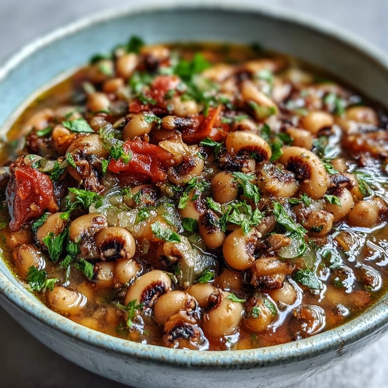 Southern-style Frozen Black-Eyed Peas Quick Version topped with fresh parsley, served alongside skillet cornbread and fluffy white rice.