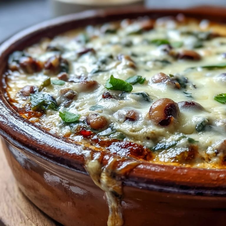 Hot Black-Eyed Pea Dip in a cast-iron dish, garnished with fresh green onions and pickled jalapeños.