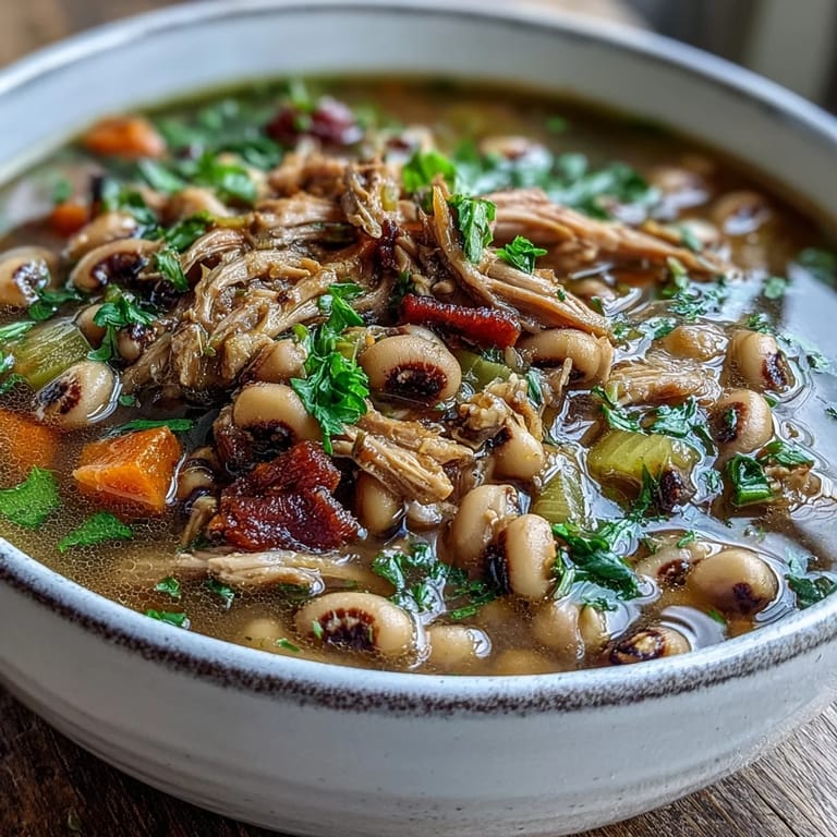 Southern-style Black-Eyed Peas With Smoked Turkey in a rustic pot, garnished with parsley and hot sauce on the side.