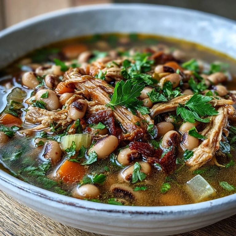 Tender black-eyed peas simmer in a savory broth with shredded smoked turkey, carrots, celery, and aromatic herbs.