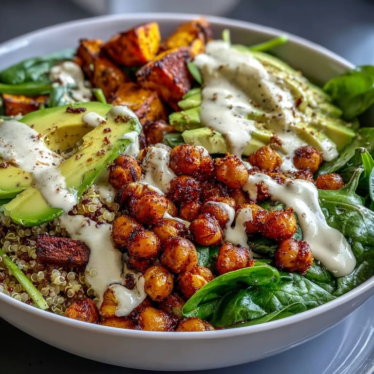 A nourishing Anti-Inflammatory Glow Bowl features vibrant baby spinach, golden roasted sweet potatoes, and crispy chickpeas drizzled with creamy tahini yogurt sauce.