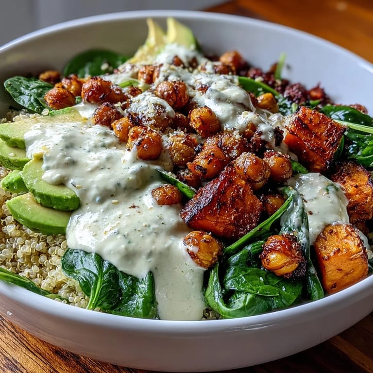 Healthy Anti-Inflammatory Glow Bowl with fluffy quinoa, roasted sweet potatoes, crispy turmeric chickpeas, avocado slices, and a rich drizzle of tahini yogurt sauce.