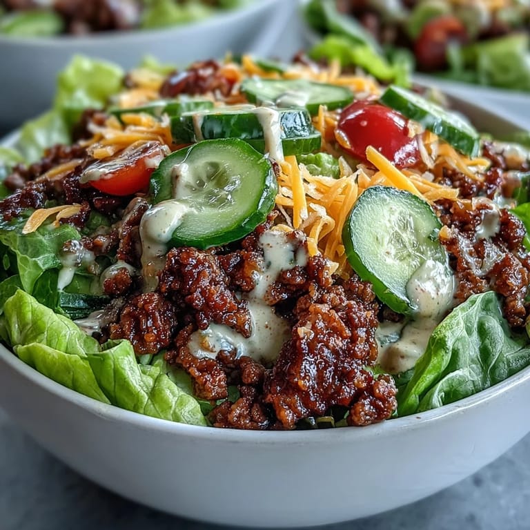 Vibrant High-Protein Cheeseburger Bowls topped with melted cheese, dill pickles, and red onion, paired with a creamy, homemade burger-style sauce.