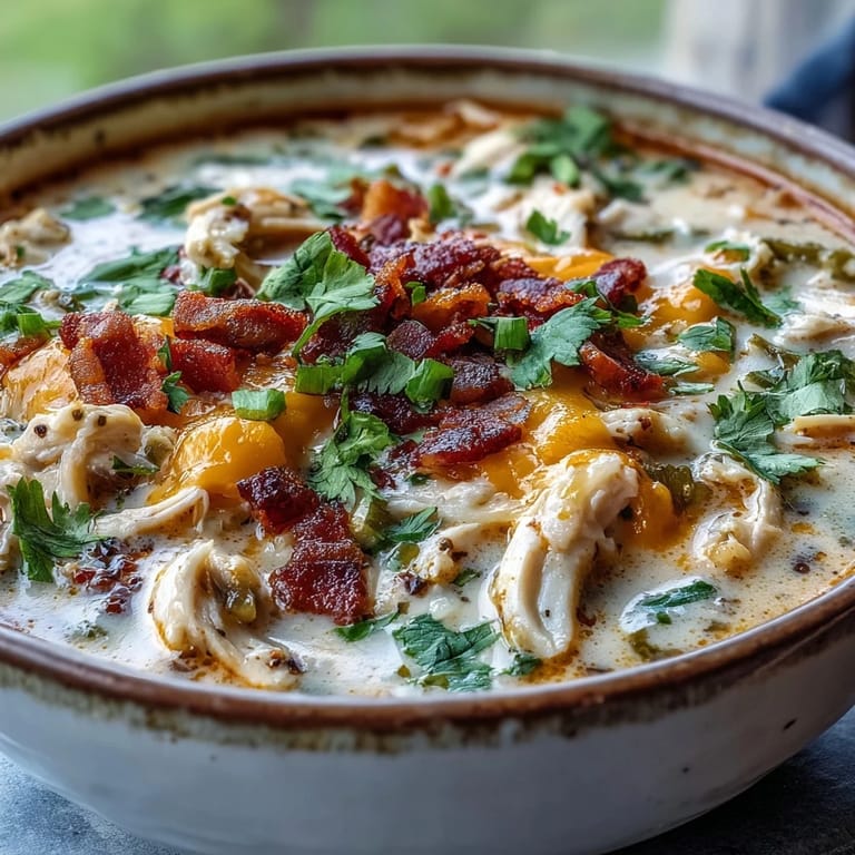 A ladle of Spicy Jalapeño Popper Chicken Soup topped with bacon, ready to serve hot.