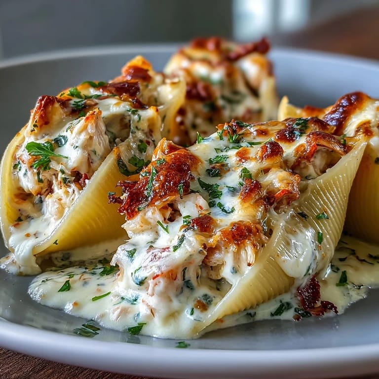 Tender jumbo pasta shells are generously filled with creamy lobster and crab mixture, ready to be served for dinner.