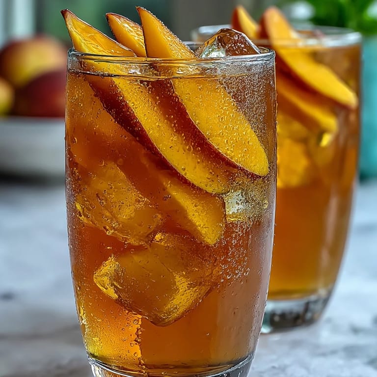 A glass pitcher filled with homemade Mango Iced Tea, fresh mango slices, honey, and black tea bags on a sunny counter.