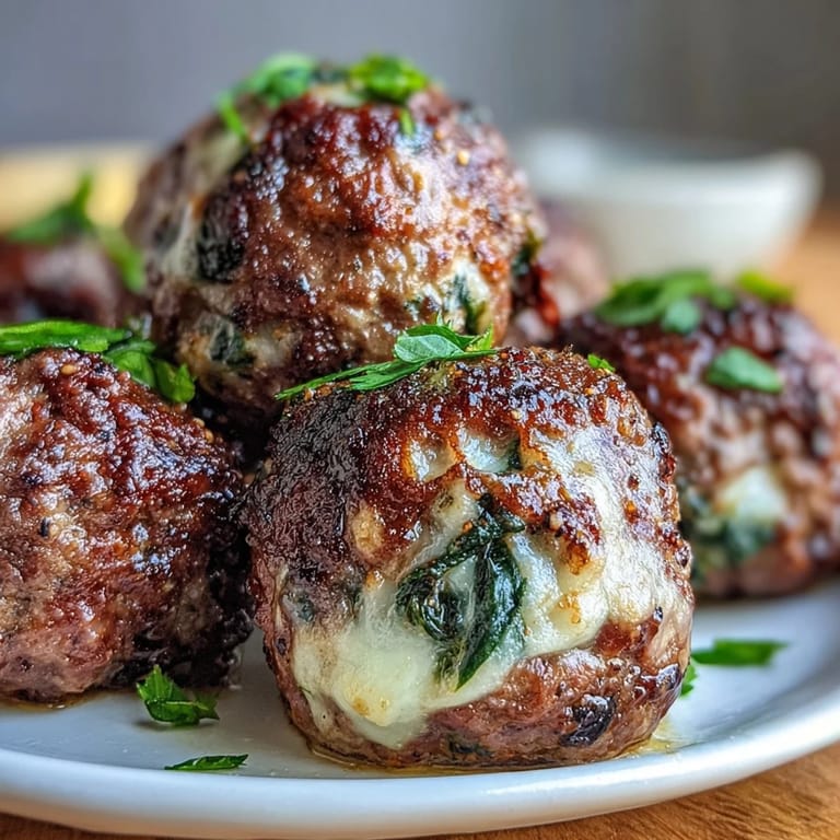 Sizzling pan-seared Spinach Garlic Meatballs in a skillet, garlic and herbs infusing the air for a comforting dinner.